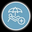Ein Icon, welches ein Strichmännchen auf einem Liegestuhl und mit Sonnenschirm präsentiert. Zudem ist ein Pluszeichen zu sehen, welches einen Benefit symbolisiert.