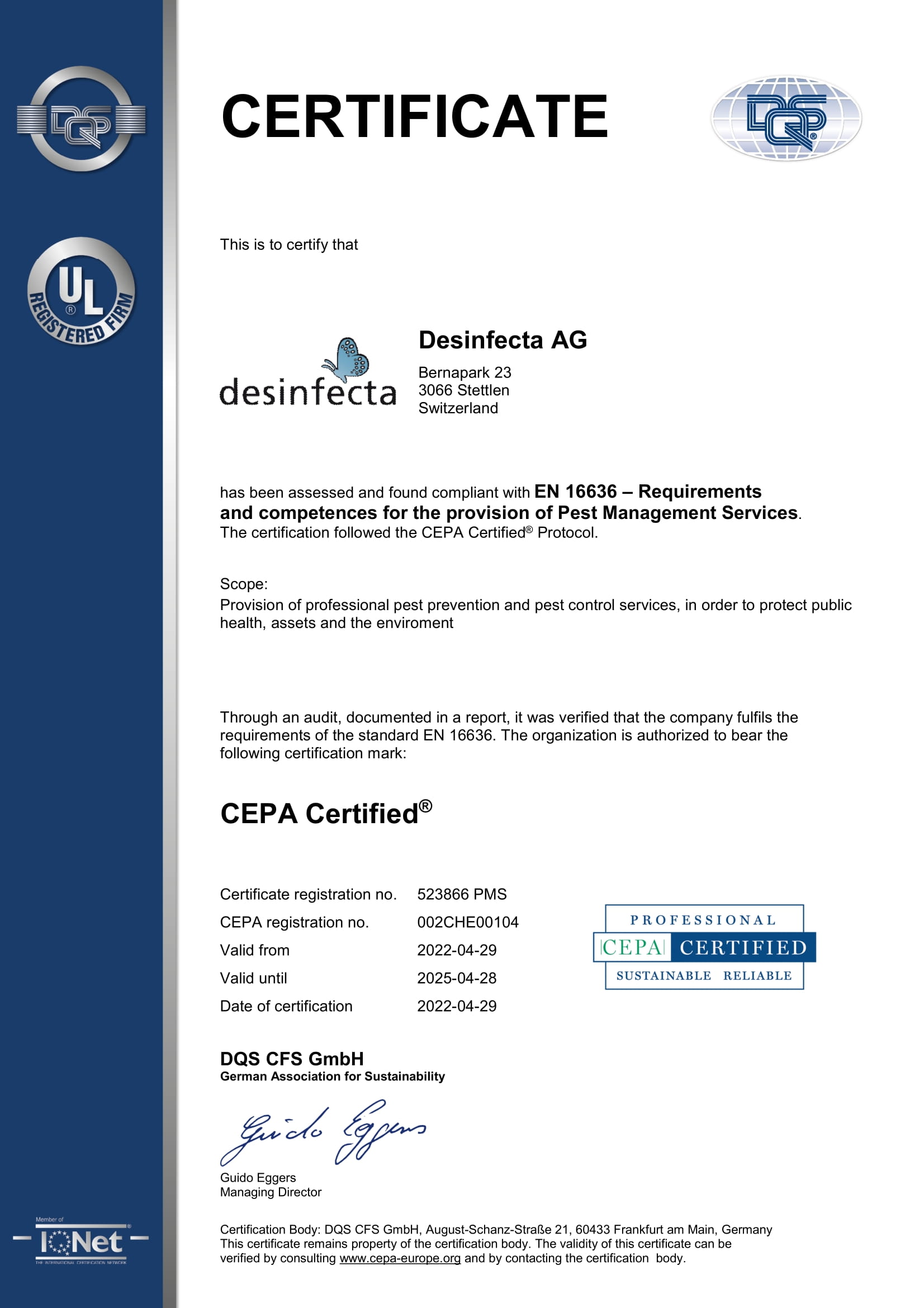 Foto certificato CEPA - EN 16636 - Schädlings­bekämpfungs­dienstleistungen