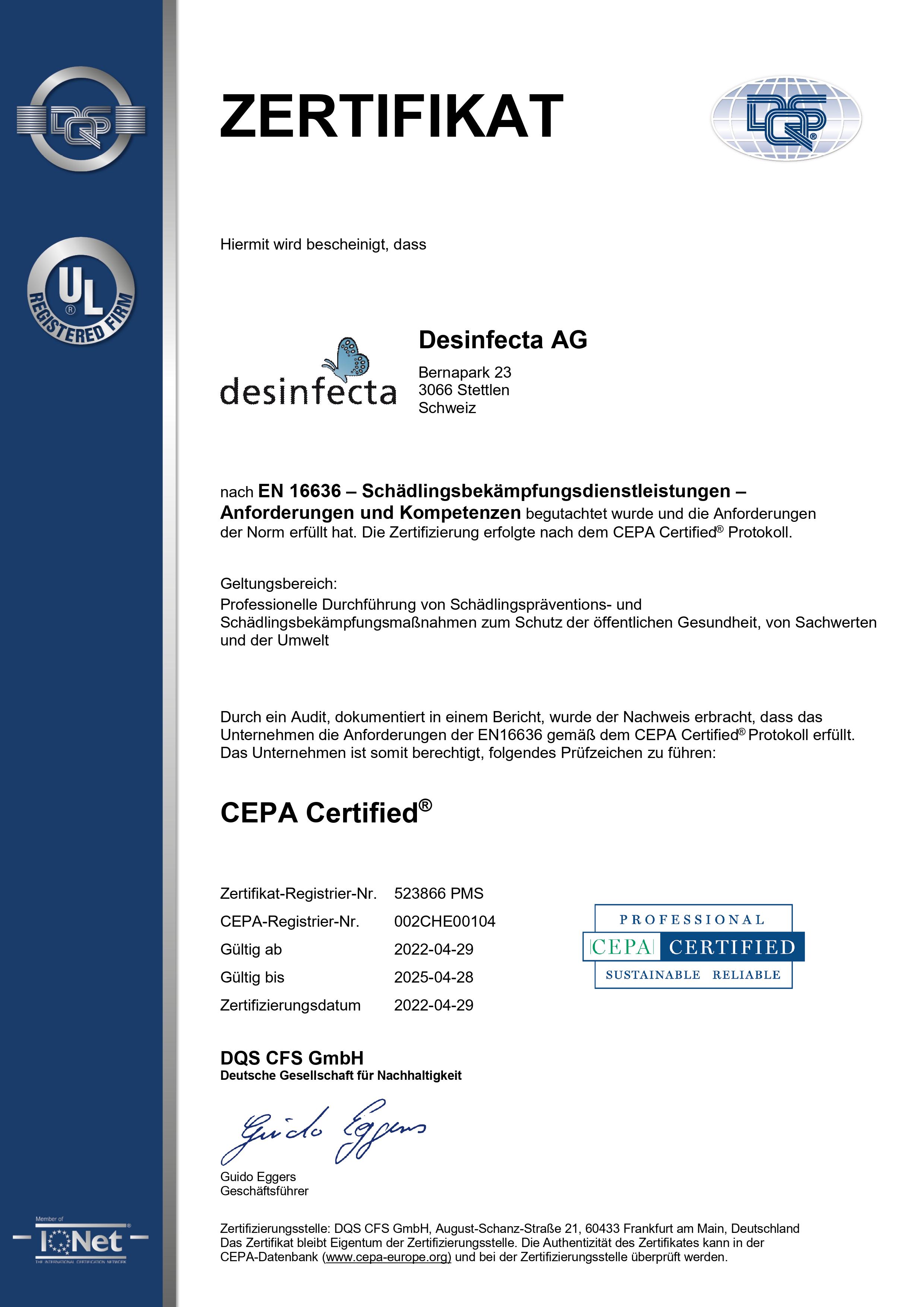 Bild Zertifikat CEPA - EN 16636 - Schädlings­bekämpfungs­dienstleistungen